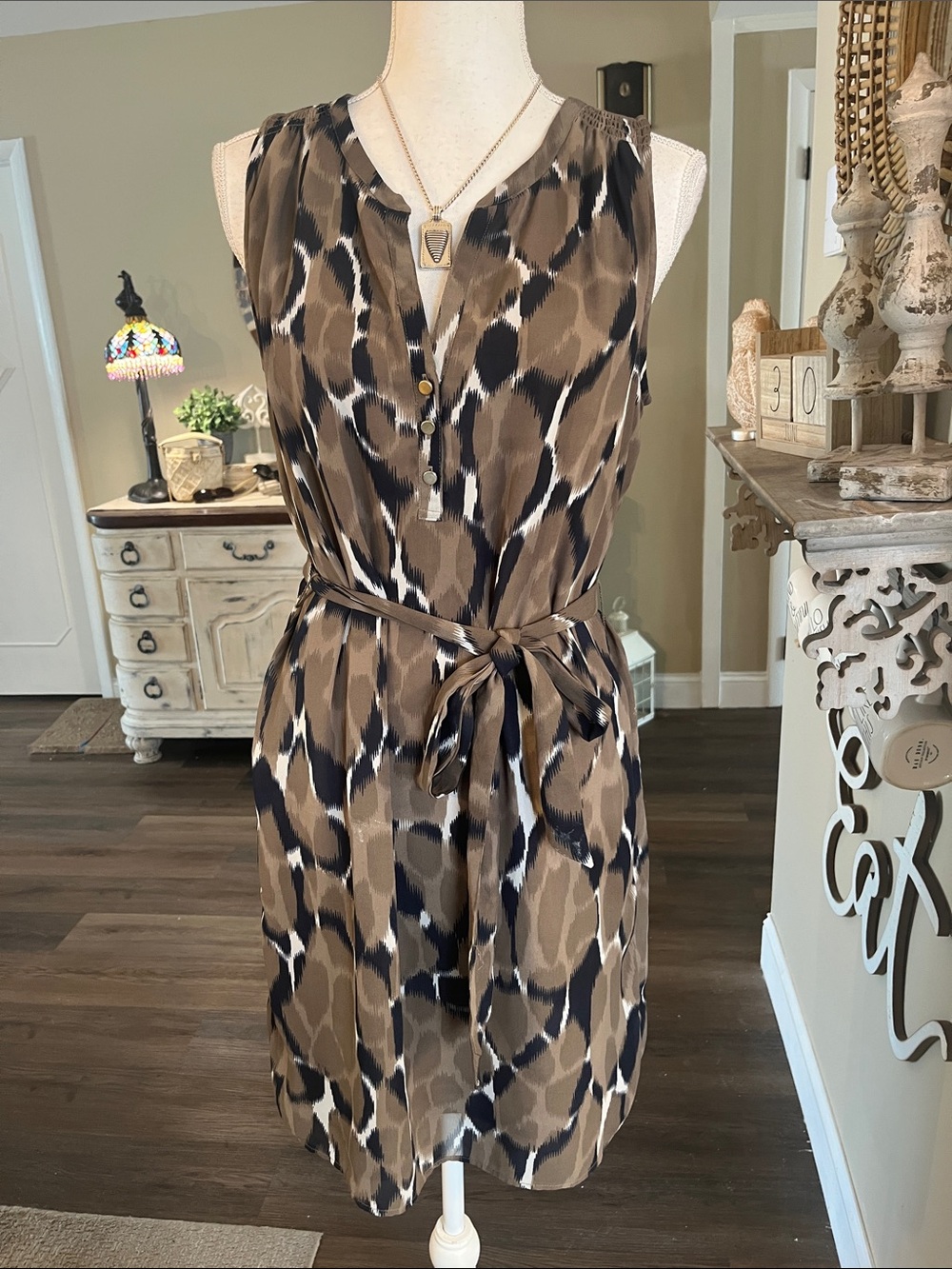 Banana Republic Brown and Black Animal Print Sleeveless Belted Dress